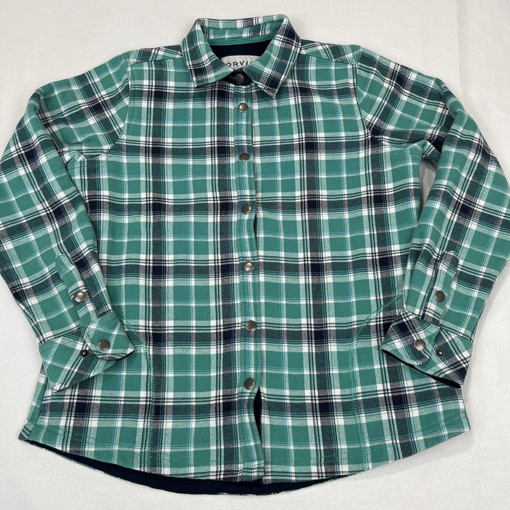 Orvis Snap Down Flannel Green‎ Plaid Shacket Shirt Jacket Women's Sz M (H8)